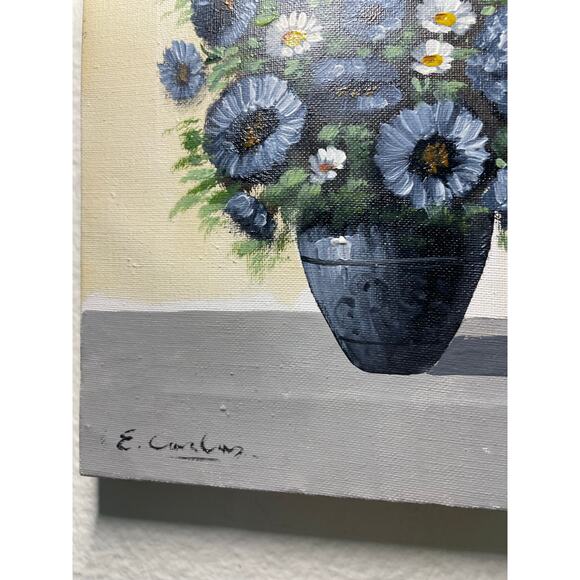 E. Carlos Signed Blue Flowers Painting - Picture 2 of 9